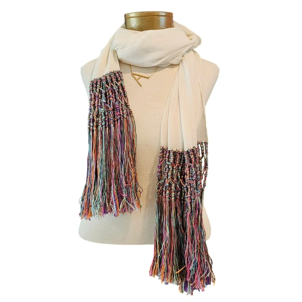 Cream Sheer Scarf with Rainbow Macrame Hand Knotted Tassel Fringe Boho 96 Inch
